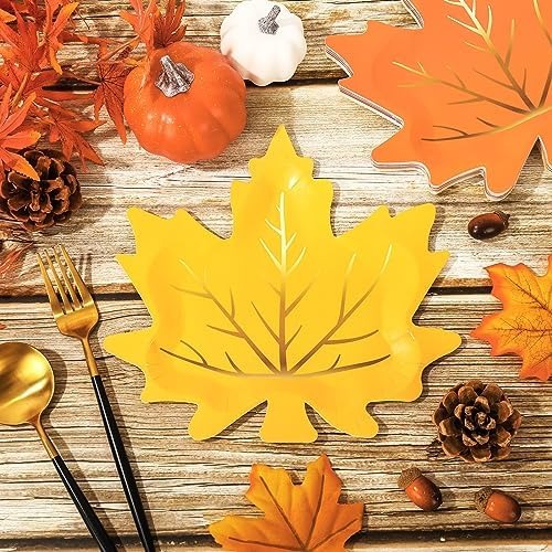 Whaline 30Pcs Fall Thanksgiving Paper Plates Maple Leaf Disposable Plate 3 Colors Gold Foil Autumn Leaves Tableware Plates for Harvest Wedding Holiday Supplies Decor - Image 4