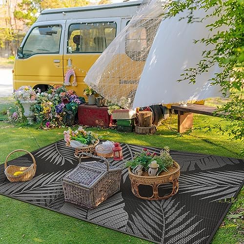 GENIMO Outdoor Rug 3'x5' Waterproof for Porch, Plastic Door Mat Black Grey - Image 4