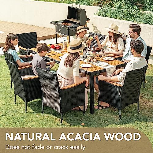 Devoko 9 PCS Acacia Wood Patio Dining Set, Black Rattan - Image 3