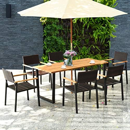 Tangkula 7 Pieces Outdoor Dining Set, Patented Patio Furniture Set w/Large Rectangle Acacia Wood Table Top, Rattan Chairs with Steel Frame, Umbrella Hole, for Backyard Garden - Image 2