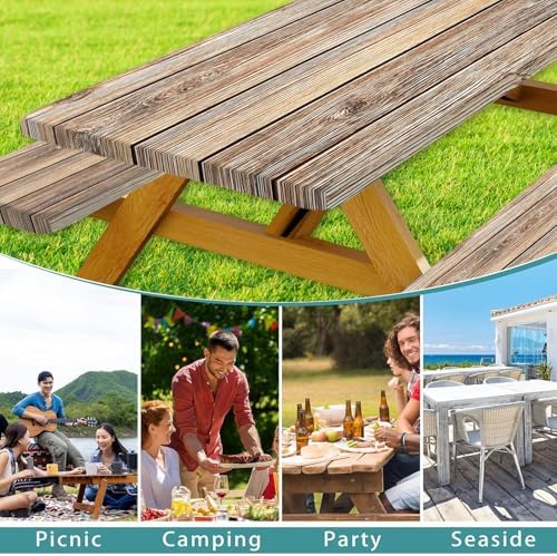 Picnic Table Cover with Bench Covers Camping Essentials Farmhouse Waterproof Windproof Wood Grain Camping Tablecloth Fitted Tablecloth Cover with Elastic Edge for Indoor & Outdoor 3 PCS 30x72 Inch - Image 4