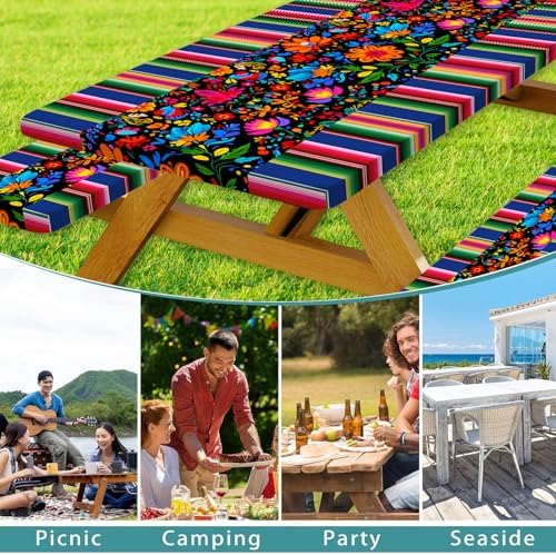 Mexico Picnic Table Cover with Bench Covers and Bag, Camping Essentials, Cinco De Mayo Fiesta Stripes Fitted Table Cover, 6ft Outdoor Tablecloth Waterproof Windproof with Elastic Edge 3 PCS 30x72 Inch - Image 4