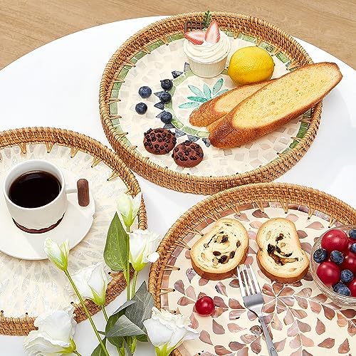 Kmelep Round Rattan Tray with Mother of Pearl Inlay, Rattan Serving Tray with Wooden Base, Decorative Wicker Basket for Table Decor, Storage and Display of Coffee Bread Food Fruit (Bohemia) - Image 2