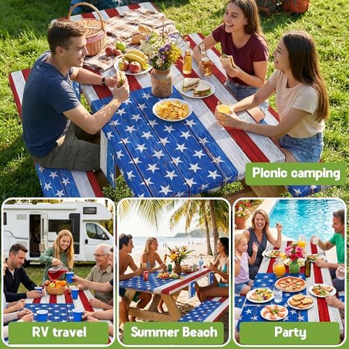 Picnic Table Cover with Bench Covers Waterproof Rectangle Tablecloth Camping Essentials Supplies Rv Travel Gear Must Haves Accessories Fitted Table Cloth Outdoor Road Trip Camper Gifts American Flag - Image 6