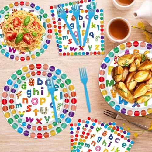 96 PCS Colorful ABC Letters Paper Plates Napkins Set，Serves 24 - Image 6