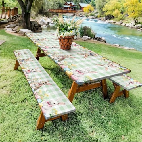 Easter Picnic Table Cover with Bench Covers, Camping Essentials, Easter Buffalo Plaid Rabbit Eggs Flower Outdoor Table Covers, Waterproof, Fitted Tablecloth Cover with Elastic Edge, 3 PCS, 30x60 Inch - Image 3