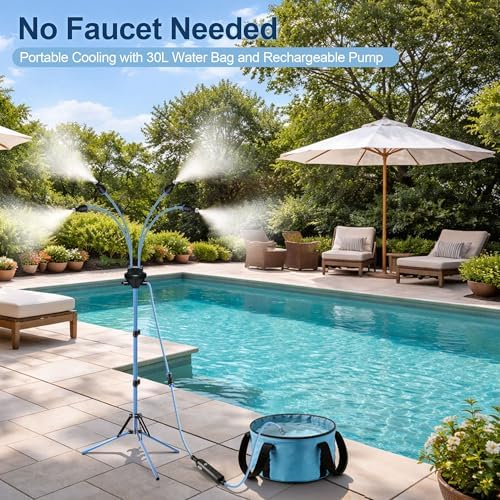 Misters for Outside Patio, Portable Standing Misting System with 30L Water Bag and Rechargeable Pump, Up to 6 Hours Runtime, Outdoor Cooling Mister for Backyard, Beach, Camping, Porch - Image 2