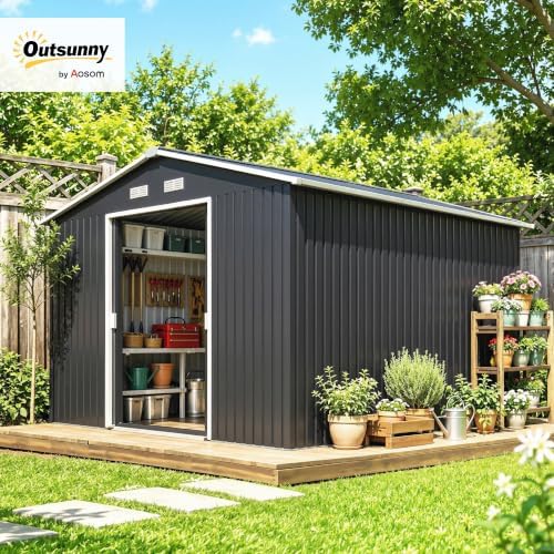 Outsunny 11' x 9' Outdoor Storage Shed Garden Tool Metal Shed Dark Gray - Image 2
