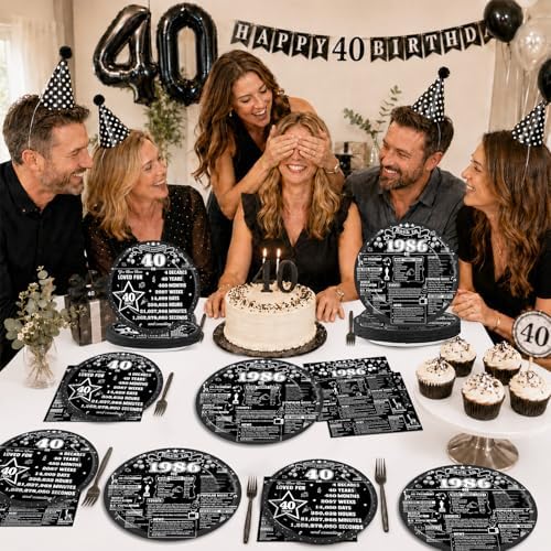 96PCS 40th Birthday Party Paper Plates and Napkins Retro 40th Supplies Men and Women Back in 1986 Black Tableware Set for 40 Years Old Themed Birthday Gatherings Decorations - Image 6
