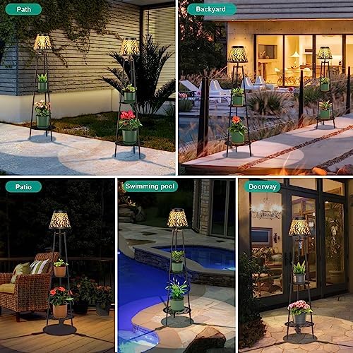 MXwcy 2-Tier Solar Plant Stand with Light, Outdoor Waterproof Floor Lamp with Tree Branch Cutout Lampshade, Tall Metal Planter Holder Display Rack for Patio, Porch, Garden, Balcony Decor (2 Pack) - Image 4