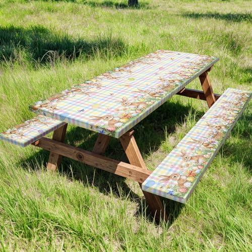 Easter Picnic Table Cover with Bench Covers, Camping Essentials, Easter Buffalo Plaid Bunny Eggs Flowers Outdoor Table Covers, Waterproof, Fitted Tablecloth Cover with Elastic Edge, 3 PCS, 30x60 Inch - Image 2