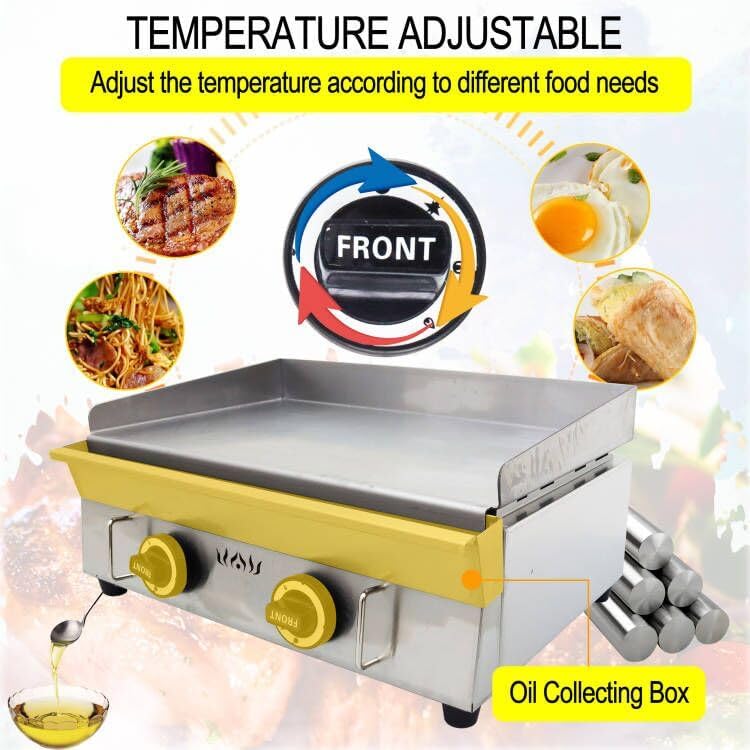 TECHTONGDA LPG Gas Grill Griddle, Stainless Steel Commercial Countertop Griddle Flat Top Grill, Restaurant Teppanyaki, BBQ Plate Grill with Adjustable Temperature Control, 21.26"x13.39", 2800Pa - Image 4