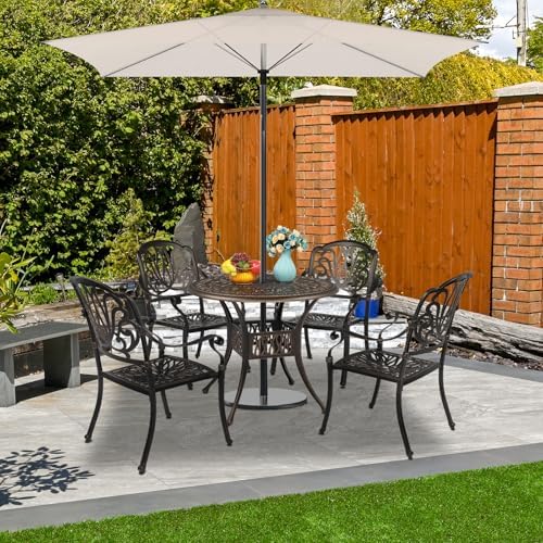 VINGLI 5 Pieces Outdoor Patio Dining Set, Cast Aluminium Patio Furniture Set with 4 Chairs and 1 Umbrella Table for Yard, Garden, Porch and Poolside, Bronze - Image 2