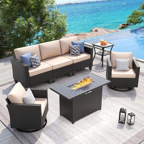 UDPATIO Patio Furniture Set with Fire Pit Table, Rocking Swivel Chairs, 5 Pieces Outdoor Furniture Sets, All-Weather Wicker Outdoor Sectional Sofa with Waterproof Cover, 4'' Thickened Cushion, Khak by UDPATIO