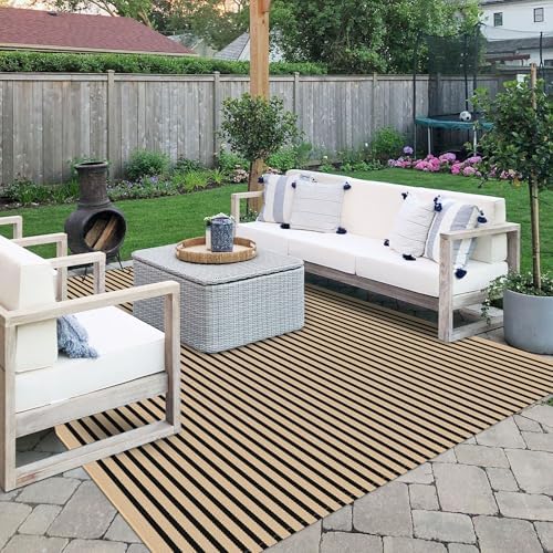 IOHOUZE 8x10 Striped Area Rug, Washable Indoor Outdoor, Tan Black - Image 4