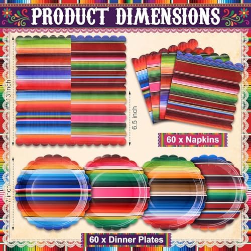 Roshtia 120 Pcs Mexican Serape Plates and Napkins, Fiesta Taco Bar Decor - Image 2