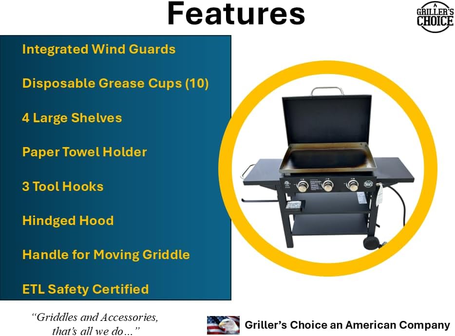 Griller's Choice Gas Griddle with Hinged Hood, Wind Guards, Front Grease Management, 4 Shelves, Propane Griddle for Flattop Grills Outdoor Cooking - Image 3