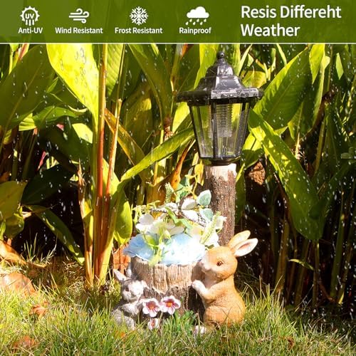 Solar Bunny Statue Outdoor, Rabbits Figurine with Flowerpot & Lantern - Image 6
