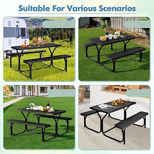 ORALNER Picnic Table, Resin Dining Table & 2 Benches Set, Weather Resistant Wood Grain Tabletop & Steel Frame, Plastic Picnic Tables for Outdoors, Porch Yard Patio Lawn Party Camping (Black) - Image 6