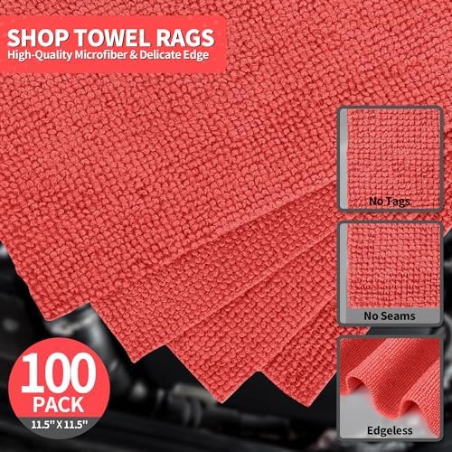 Shop Towels Rags, 100 Pack Microfiber Cleaning Cloth Bulk Absorbent Detailing Rags, Lint-Free Microfiber Towels for Cars, Mechanic, Shop, Garage & Housekeeping 11.5"*11.5" Red - Image 2