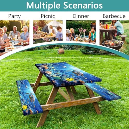 Picnic Table Cover with Bench Covers, Camping Essentials, Ocean Underwater World Table Cover, Fitted Camping Tablecloth Windproof Waterproof with Elastic Edge for Indoor Outdoor Patio 3PCS 30x60 Inch - Image 3