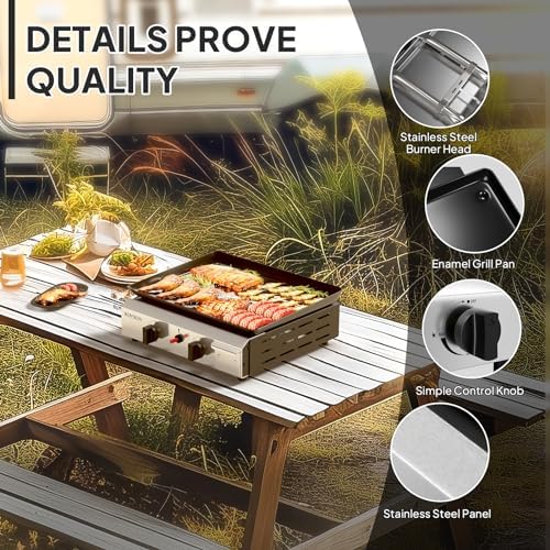 ROVSUN 2 Burner Portable Propane Griddle with Electronic Ignition & Regulator, 20,000 BTU Tabletop Flat Top Gas Grill with Nonstick Enameled Tray for Outdoor Cooking Camping BBQ Tailgating Picnicking - Image 3