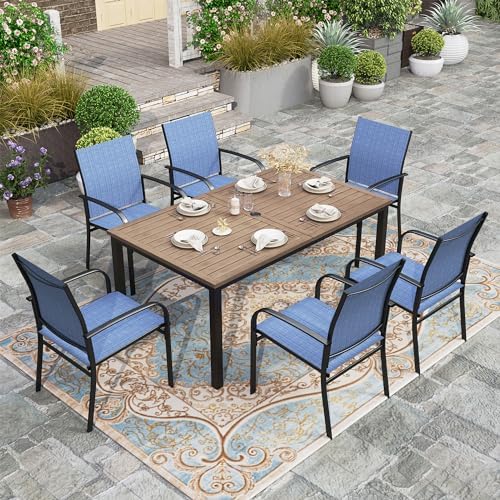 HERA'S HOUSE 7pc Outdoor Patio Dining Set, Wood-Look Metal Table, Blue by HERASHOUSE