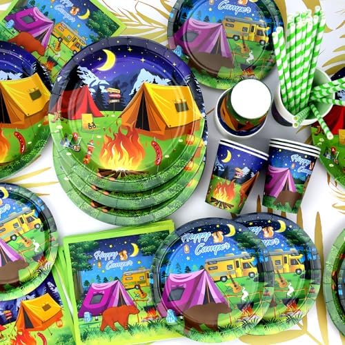 Camping Party Supplies - Camping Party Tableware - Dinner Plates Desserts Plates Cups Napkins Tablecover Straws for Boy Camper Campfire Forest Picnic Adventure Party Supplies, Serves 20 (20) - Image 3
