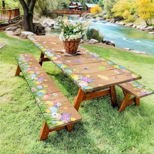 Easter Picnic Table Cover with Bench Covers, Cute Bunny Flower Brown Wooden Board Camping Tablecloth, Waterproof Windproof, Fitted Tablecloth Cover with Elastic Edge, for Outdoor, 3 PCS, 30x96 Inch - Image 3