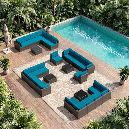 Patio Furniture Set - All-Weather - 7 Piece Patio Outdoor Conversation Set, Modular Wicker Rattan Sectional Sofa for Backyard, Garden, Poolside, Balcony, Porch, Patio, Brown/Peacock Blue - Image 6