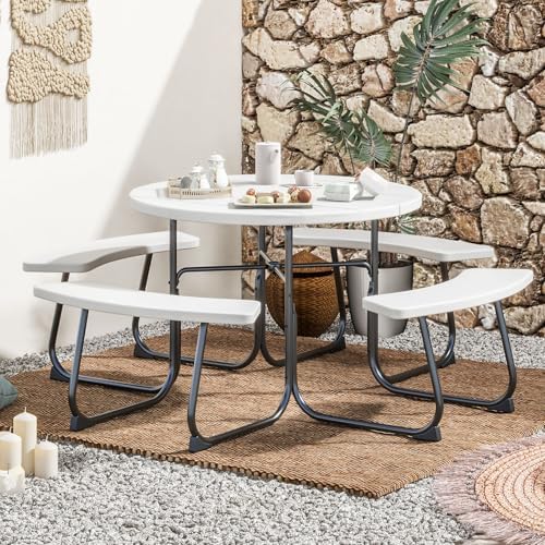 COSTWAY Round Outdoor Picnic Table with Bench Set for 4-8 People (White) - Image 5