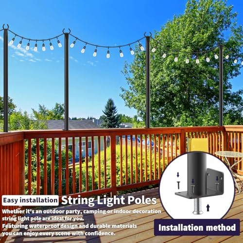 AHRLHR 2 Pack String Light Poles,4 Ft String Light Poles for Outside with Fixing Clips,Metal Poles for Outdoor String Lights, Hanging Light Poles for Deck Fence Garden Backyard Wall Bistro - Image 2
