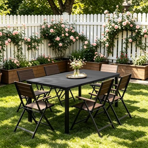 59" Outdoor Patio Dining Table, HDPE Tabletop with Weather Resistant Metal Frame, Rust Proof Garden Table for Backyard Deck Porch, Black Woodgrain - Image 2