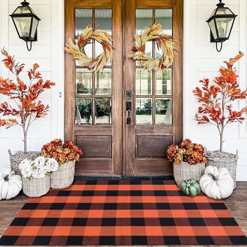 Orange and Black Plaid Rug, 3' x 5' Fall Outdoor Front Door Decor Mat, Cotton Washable Hand-Woven Rug for Layered Doormat, Autumn Halloween Thanksgiving Carpet for Porch, Entryway by Homydecor
