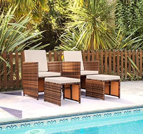 Devoko 4 Pieces Patio Wicker Furniture Set Outdoor Patio Chairs with Ottomans All Weather Cushioned Chairs Balcony Porch Furniture (Beige) - Image 6
