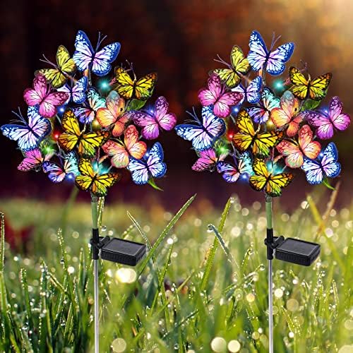 Adecorty Solar Garden Lights Outdoor Waterproof Decorative Solar Lights Outdoor 2 Pack with 44 LED 34 Butterfly Flower Garden Decor Yard Patio Lawn, Gifts for Mother's Day Mom Women by Adecorty