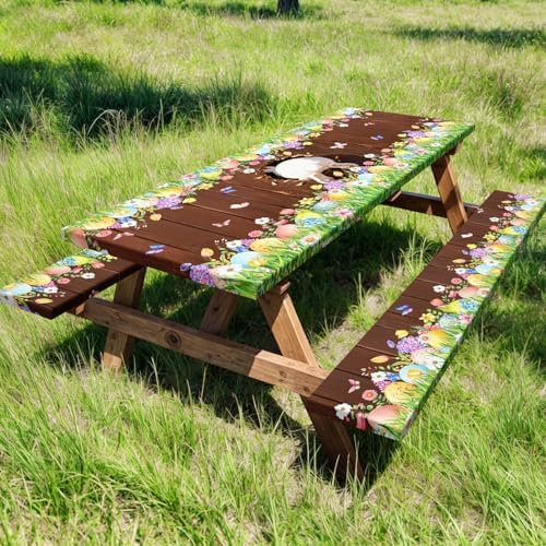 Easter Picnic Table Cover with Bench Covers Elastic Edges, Cute Bunny Flower Brown Wood Fitted Table Cover, Outdoor Patio Camping Essentials, Waterproof Camping Fitted Tablecloth, 3PCS, 30x96 Inch - Image 2