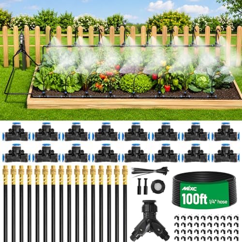 MIXC 1/4" 100Ft Drip Irrigation System for Garden with 16pcs 360°Adjustable Brass Nozzles & Bendable Rod,Upgraded Watering System Kit for Outdoor Plants,Lawn,Raised Bed,Potted Plant,Yard,Greenhouse - Image 2