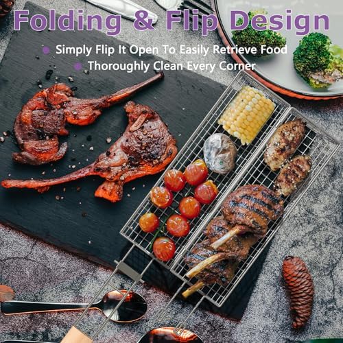 Rolling Grill Basket, 2PCS Grill Baskets for Outdoor Grill, REMOVABLE HANDLE, Anti-Scorch Stainless Steel BBQ Net Tube for Meat, Shrimp, Vegetables, BBQ Gifts for Dad, Husband (Octagon+Round) - Image 6