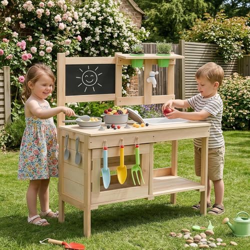 Ktaxon Outdoor Mud Kitchen for Kids, Wooden Play Kitchen Set with Sink by Ktaxon
