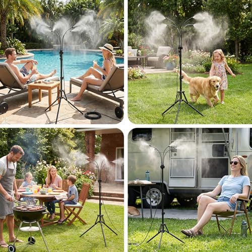 Gugxiom 5.3FT Standing Misters for Outside Patio, 26.5FT Water Supply Line & Adjustable Height & 5 Brass Nozzles, Portable Water Mister for Patio BBQ Pool - Image 2