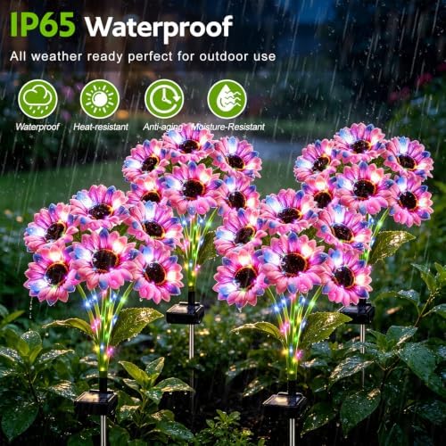 Solar Sunflower Lights Outdoor Garden Decor, 4 Pack Solar Multicolor Flowers Lights with 24 Sunflowers, Waterproof Fall Decor Stake Decorative Light Auto ON/Off for Garden Yard Patio, Gift for Women - Image 3