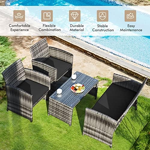 Goplus 4-Piece Rattan Patio Furniture Set, Outdoor Wicker Conversation Sofa with Weather Resistant Cushions and Tempered Glass Tabletop for Lawn Backyard Pool Garden (Black) - Image 2
