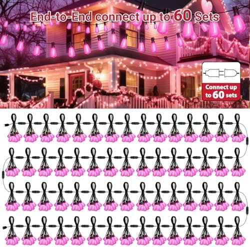 LAMPHOME 26Ft ST38 Outdoor String Lights, Pink Valentine's Day Patio Lights with 12+1 ST38 Edison Bulbs, LED Shatterproof String Lights for Outside Bistro Christmas Wedding Party Decorations - Image 7