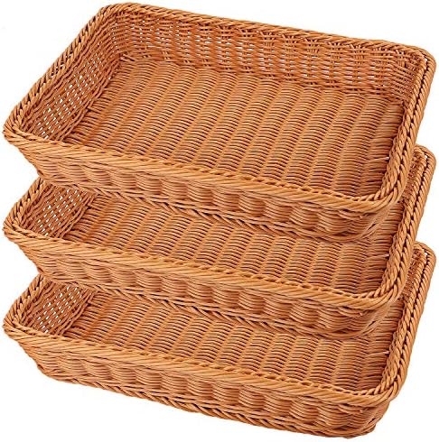 KEILEOHO 3 Packs 16 Inch Poly Wicker Bread Baskets, Handmade Woven Pantry Organizer, Tabletop Food Serving Baskets for Fruits, Vegetables and Snacks, Restaurant, Hotel Serving, Brown by KEILEOHO