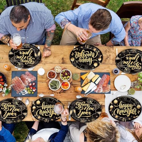 50PCS Happy New Year Oval Paper Plates 11”Large Heavy Duty Black and Gold 2026 New Year's Eve Party Decorations Year of the Horse Disposable Dessert Supplies NYE Holiday Evening Party Tableware Set - Image 6