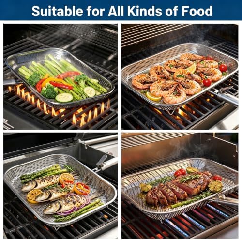 Stainless Steel Grill Pan with Removable Handle, 14.88" x 10.98" Meatl-perforated Holes Grill Pan for Outdoor Grilling, Square Deep Fryer Strainer Basket for Seafood, Vegetables & Meat, Grilling Pan for Charcoal and Gas Grills - Image 7
