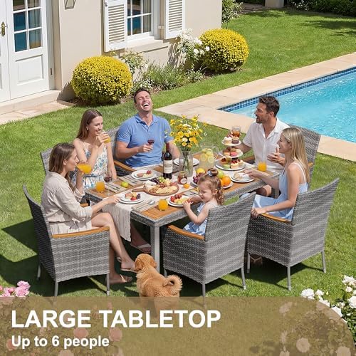 Devoko 7 PCS Acacia Wood Patio Dining Set, Gray Rattan - Image 2