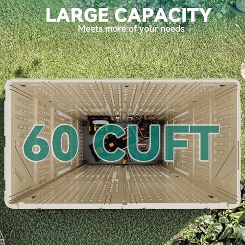 YITAHOME 60 cuft Vertical Outdoor Storage Shed with Shelf, Large Waterproof Storage Cabinet for Garden Shed, Tall Outdoor Storage Shed for Garage, Pool Storage, Resin, Lockable, Khaki & Brown - Image 3