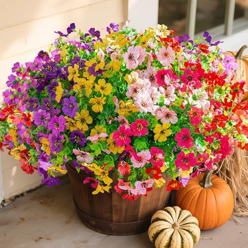 Daisy Artificial Flowers for Outdoors Decor, 12 Bundles Faux Daisy with Eucalyptus Fake Plants Greenery UV Resistant Look Real Colorful Faux Flowers for Outside Planter Porch Patio Yard Gardens, Mix by florisso